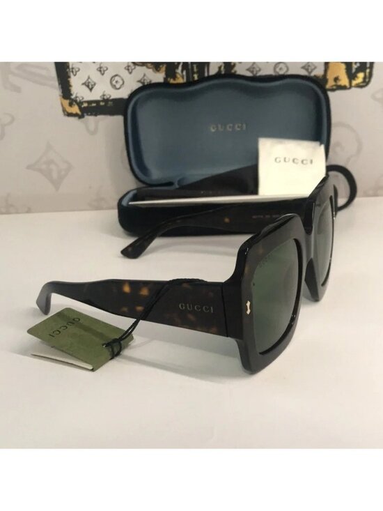 New Authentic Gucci GG1111S 002 Havana Square Sunglasses Green Lenses
